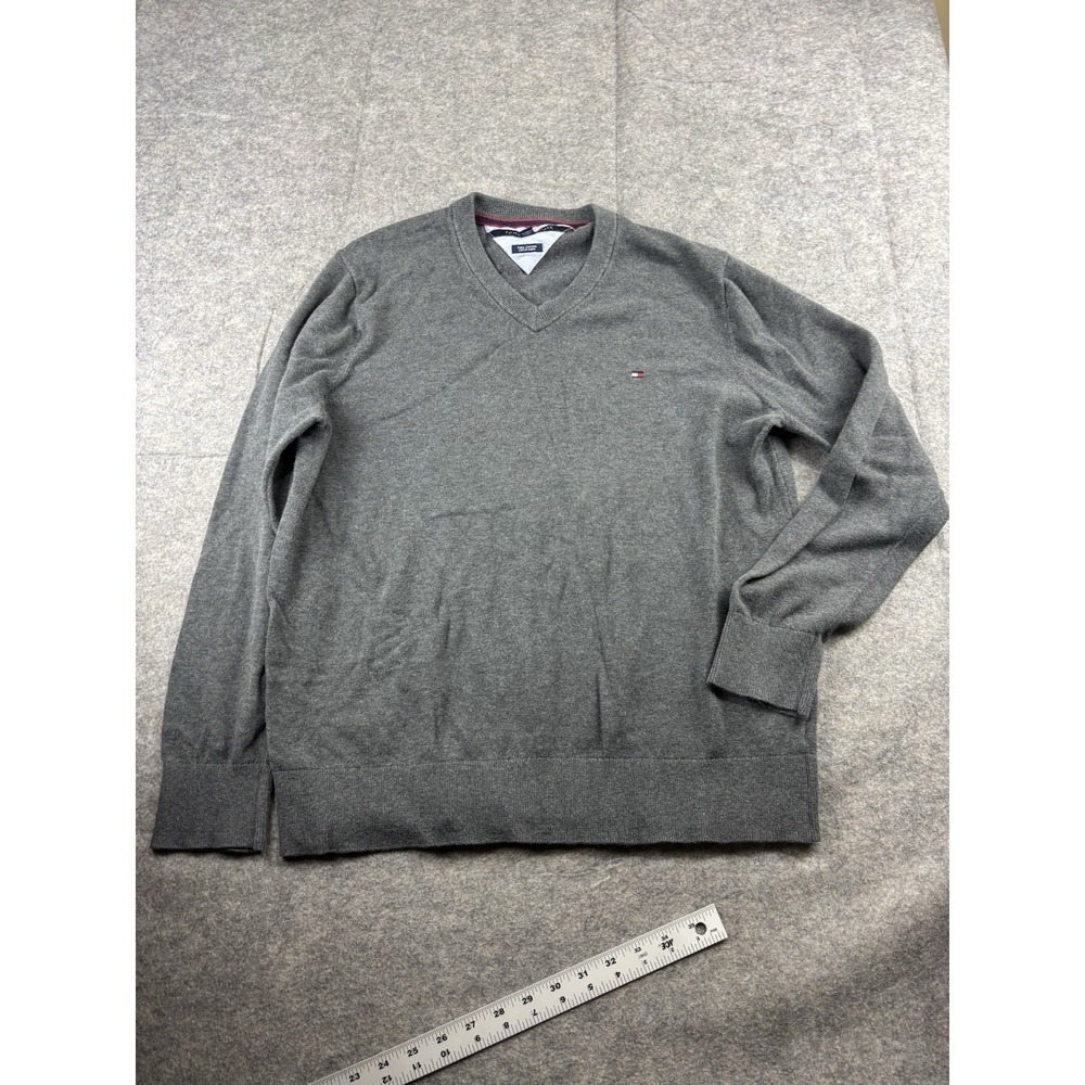 Tommy Hilfiger Sweater Mens XL Gray Knit V‎ Neck Pima Cotton Old Money Preppy